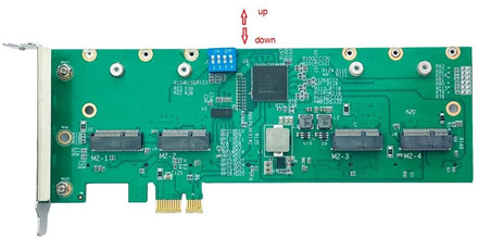 DR2G41 adapter card four MiniPCIe and four M.2 slots used in a PC with a PCIe slot SMA connectors using as cable exit holes