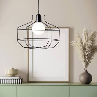 Draad hanglamp, zwart, metalen kooi, 40 x 33 cm zwart, wit
