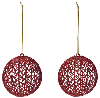 Draad kerstbal - rood glitter - 2x - kunststof - 9 cm - kerstboomversiering - kerstversiering