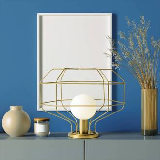 Draad tafellamp, goud, metalen kooi, 40 x 33 cm, dimbaar geborsteld goud, wit