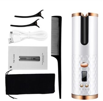 Draadloze Automatische Haar Krultang Draagbare Draadloze Usb Oplaadbare Auto Roterende Keramische Wand Krultang Hair Styling Tools wit