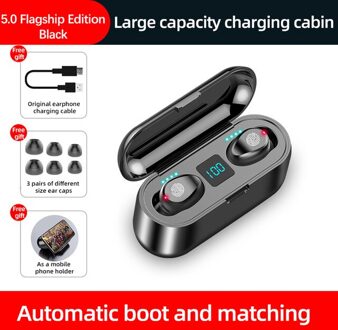 Draadloze Hoofdtelefoon V5.0 Bluetooth Oordopjes Nul Vertraging Hd Stereo Gaming Headset Met Dual Mic En 2000Mah Batterij Opladen Case zwart 5.0 2000mAn