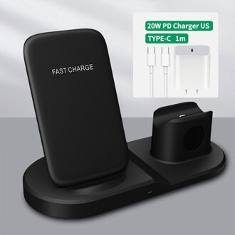 Draadloze Oplader Dock Station Voor Apple Horloge 6 5 4 Airpods Pro 10W 3 In 1 Snelle Draadloze Opladen stand Voor Iphone 12 11 Pro Max zwart met US plug