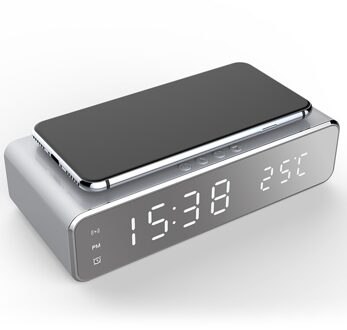 Draadloze Oplader Led Wekker Telefoon Draadloze Oplader Qi Charging Pad Digitale Thermometer Voor Iphone 11 Pro Xsmax X Huawei zilver