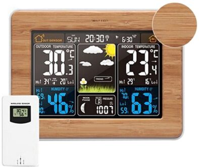 Draadloze Weerstation Wekker Thermometer Kalender met Outdoor Sensor Bamboo kleur