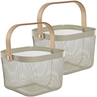 Draadmand/fruitschaal Maya - 2x - vierkant - taupe/beige - 26 x 26 x 18 cm - metaal/hout - keuken ma