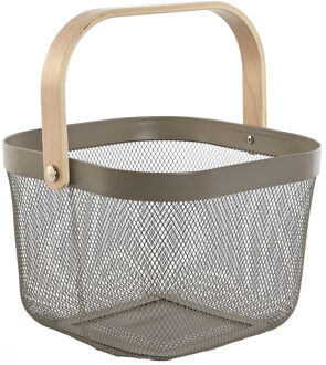 Draadmand/fruitschaal Maya - vierkant - grijs/beige - 26 x 26 x 18 cm - metaal/hout - keuken mand