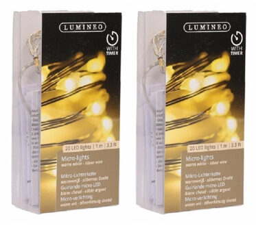 Draadverlichting - 2x - zilver - 20 led lampjes - warm wit - 95 cm - timer - lichtsnoer - zilverdraa