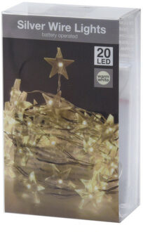 Draadverlichting lichtsnoer - 20 sterren lampjes - warm wit - op batterij - 100 cm Zilver