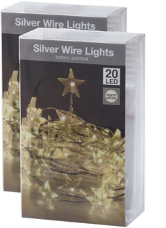 Draadverlichting lichtsnoer - 2x - 20 sterren lampjes - warm wit - op batterij - 100 cm
