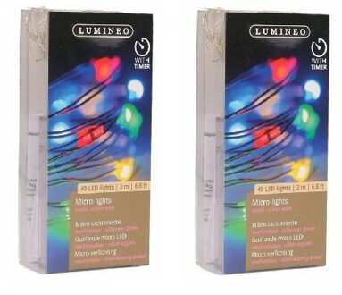 Draadverlichting lichtsnoer - 2x - zilver - 40 led lampjes - gekleurd - 195 cm - zilverdraad