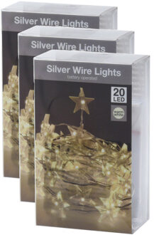Draadverlichting lichtsnoer - 3x - 20 sterren lampjes - warm wit - op batterij - 100 cm