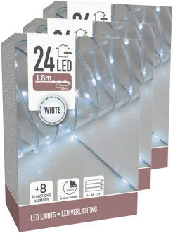 Draadverlichting lichtsnoer - 3x - 24 lampjes - helder wit - op batterij - 180 cm