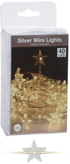 Draadverlichting sterren lampjes aan zilverdraad op batterij warm wit 40 lampjes 195 cm