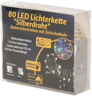 Draadverlichting zilver met warm witte LED lampjes 8 meter op batterijen met timer