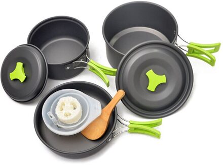 Draagbare Camping Kookgerei Set Outdoor Servies Wandelen Camping Familie Wandelen Benodigdheden Barbecue Pot Accessoires 2-3 Mensen groen