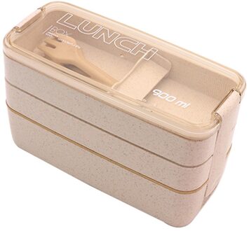 Draagbare Gezonde Materiaal Lunchbox 3 Layer Tarwe Stro Bento Dozen Magnetron Servies Voedsel Opslag Container Voedsel Doos #30 Beige