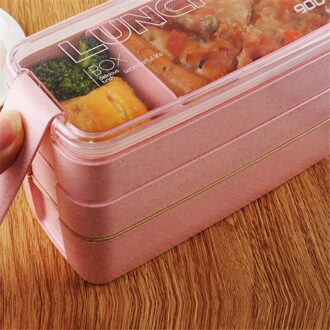 Draagbare Gezonde Materiaal Lunchbox 3 Layer Tarwe Stro Bento Dozen Magnetron Servies Voedsel Opslag Container Voedsel Doos #30 roze