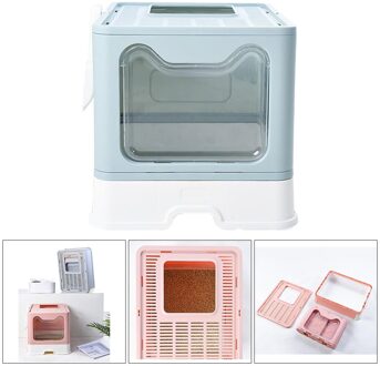 Draagbare Kattenbak Met Deksel Opvouwbare Katten Kattenbak Met Top Entry Huisdier Toilet Met Scoop Met Grote Binnen kamer Blauw