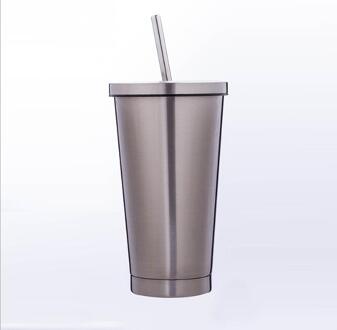 Draagbare Koffie Mok Met deksel Stro Double Wall Rvs VacuumTravel Thee Thermos mokken donker sliver