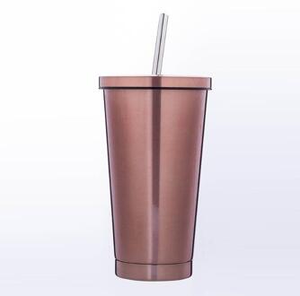 Draagbare Koffie Mok Met deksel Stro Double Wall Rvs VacuumTravel Thee Thermos mokken roos goud