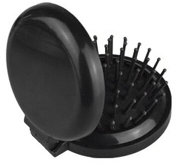 Draagbare Meisjes Mini Vouwen Kam Massage Ronde Reizen Spiegel Haar Borstel zwart