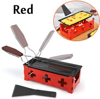 Draagbare Non-stick Metalen Kaas Raclette Oven Grill Plaat Rotaster Bakplaat Kachel Set Houten Handvat Keuken Bakken Tools Rood