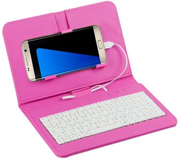 Draagbare Pu Lederen Tablet Case Cover Toetsenbord Usb Bedraad Toetsenbord Flip Holster Case Voor 4.8-6 Inch Otg Andriod mobiele Telefoon Case roze