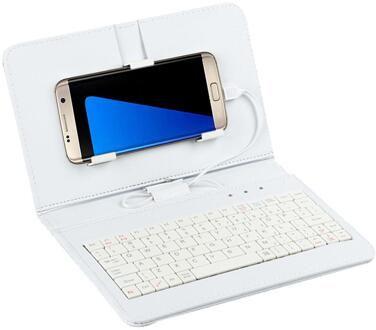 Draagbare Pu Lederen Tablet Case Cover Toetsenbord Usb Bedraad Toetsenbord Flip Holster Case Voor 4.8-6 Inch Otg Andriod mobiele Telefoon Case wit