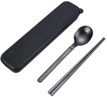 Draagbare Reizen Servies Rvs Servies Met Doos Keuken Vork Lepel Diner Set Voor Kid School Bestek Gebruiksvoorwerpen zwart