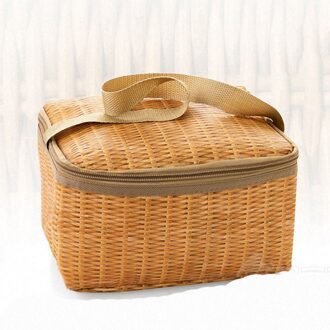 Draagbare Rotan Zak Rieten Waterdichte Outdoor Picknick Zak Servies Geïsoleerde Thermische Koeler Voedsel Container Mand Voor Camping
