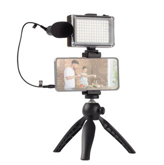 Draagbare Smartphone Video Kit Telefoon Video Rig Met Led Licht Invullen 5500K/3200K + Cardioid Microfoon + verstelbare Telefoon Houder zwart