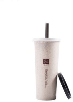 Draagbare Tarwe Stro Beker Met Rietjes Multi-Functionele Dubbele Deksel Cola Koffie Plastic Cup Drinkbeker Beige