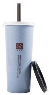 Draagbare Tarwe Stro Beker Met Rietjes Multi-Functionele Dubbele Deksel Cola Koffie Plastic Cup Drinkbeker blauw