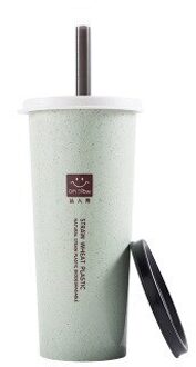 Draagbare Tarwe Stro Beker Met Rietjes Multi-Functionele Dubbele Deksel Cola Koffie Plastic Cup Drinkbeker groen