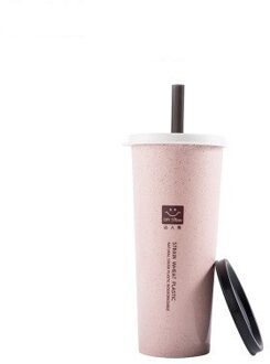 Draagbare Tarwe Stro Beker Met Rietjes Multi-Functionele Dubbele Deksel Cola Koffie Plastic Cup Drinkbeker roze
