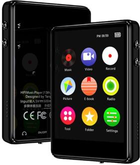 Draagbare Touch Full Screen Mp4 Muziekspeler Lossless Muziek Bluetooth Speler Full Screen Horloge Novel Radio E-book Stopwatch Video zwart