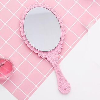 Draagbare Vintage Make-Up Spiegel Patroon Handvat Ovale Ronde Cosmetische Spiegels Beauty Vrouwen Meisjes Make-Up Spiegel Tool 4 Kleuren roze