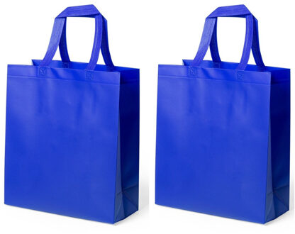 Draagtas - 2x stuks - schoudertas - boodschappentas met hengsels - blauw - 35 x 40 x 15 cm - polyest