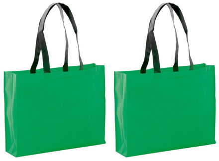 Draagtas / goodie- 2x stuks -bag / schoudertas / boodschappentas - groen - 40 x 32 x 11 cm