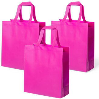 Draagtas/schoudertas/boodschappentas met hengsels - 10x stuks - fuchsia roze - 35 x 40 x 15 cm - pol