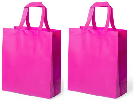 Draagtas/schoudertas/boodschappentas met hengsels - 2x - fuchsia roze - 35 x 40 x 15 cm - polyester