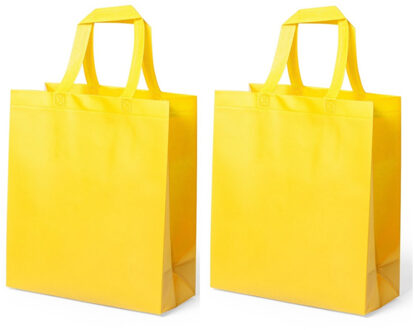 Draagtas/schoudertas/boodschappentas met hengsels - 2x stuks - geel - 35 x 40 x 15 cm - polyester