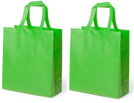 Draagtas/schoudertas/boodschappentas met hengsels - 2x stuks - lime groen - 35 x 40 x 15 cm - polyes