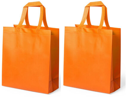 Draagtas/schoudertas/boodschappentas met hengsels - 2x stuks - oranje - 35 x 40 x 15 cm - polyester