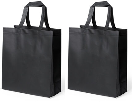 Draagtas/schoudertas/boodschappentas met hengsels - 2x stuks - zwart - 35 x 40 x 15 cm - polyester