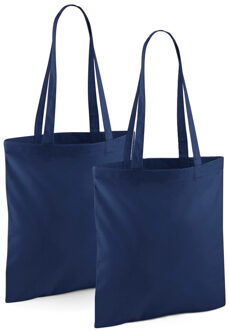 Draagtasje met hengsels - 2x - donkerblauw - 42 x 38 cm - katoen - 10 liter - boodschappen - gymtas