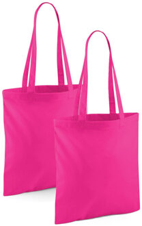 Draagtasje met hengsels - 2x - fuchsia roze - 42 x 38 cm - katoen - 10 liter - boodschappen - gymtas