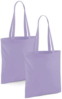 Draagtasje met hengsels - 2x - lila paars - 42 x 38 cm - katoen - 10 liter - boodschappen - gymtas