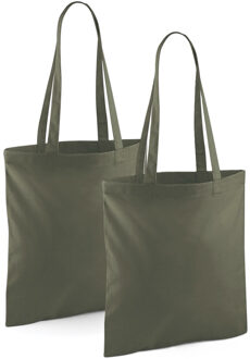Draagtasje met hengsels - 2x - olijfgroen - 42 x 38 cm - katoen - 10 liter - boodschappen - gymtas
